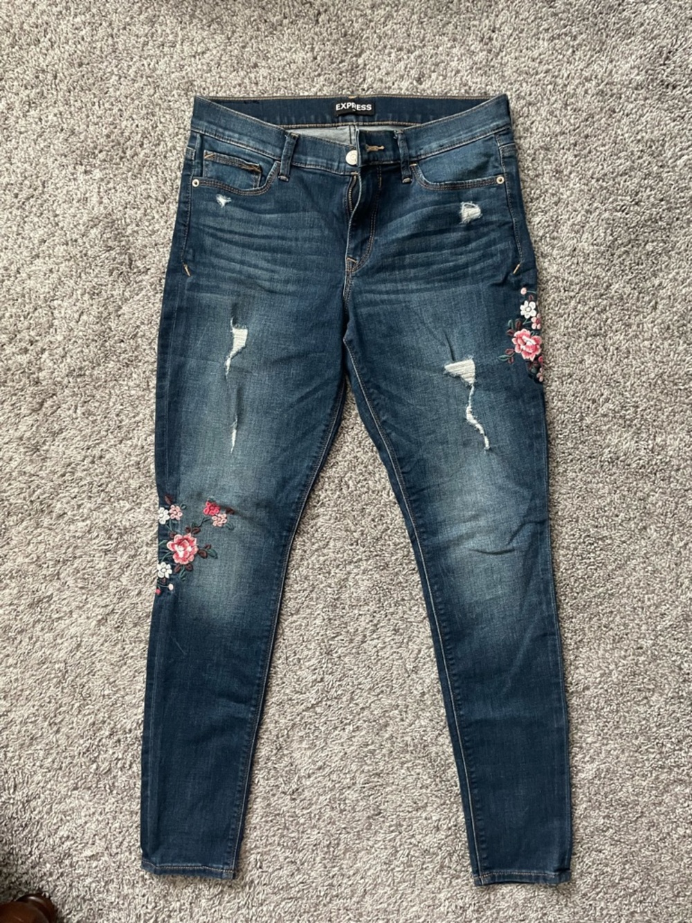 Express Dark Blue Skinny Jeans with Pink & White Floral Embroidery
